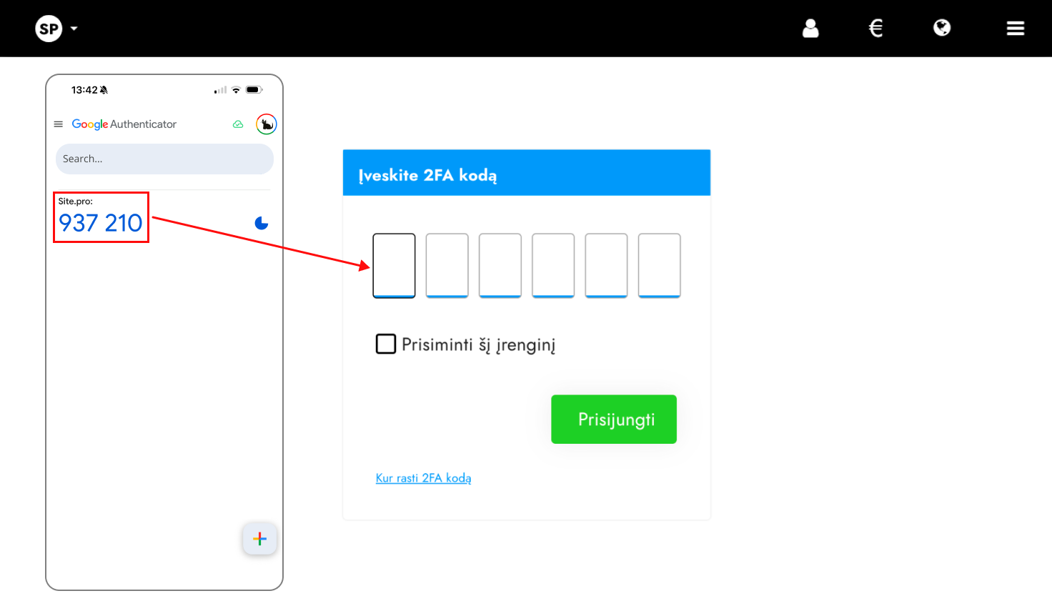 Programėlės sugeneruotas 6 skaitmenų kodas